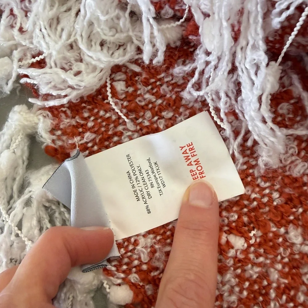 BB Shabby Chic Rust Orange‎ White Textured Woven Throw Blanket with Fringe Trim